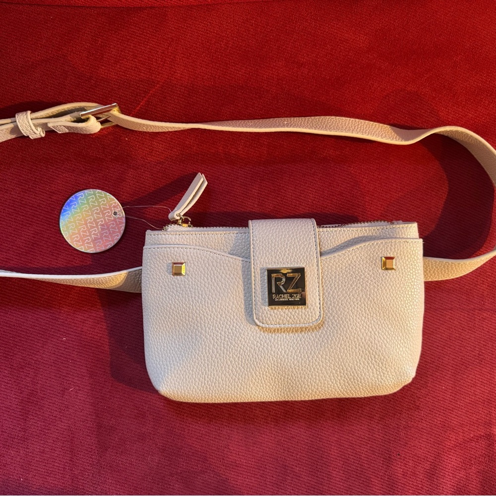 Rachel Zoe Cream Pebbled Mini Belt Bag with Gold Logo Plaque